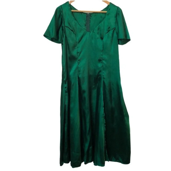 Vintage Handmade Emerald Green Satin Flowy  Front Slit Formal V-Neck Dress - Picture 1 of 6